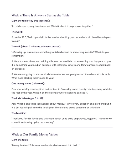 Try the weekly format. A selected page showing the first meeting script.