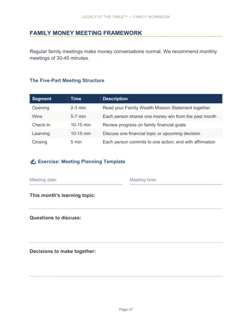 Plan the family meeting. A selected page from the money-conversations chapter.
