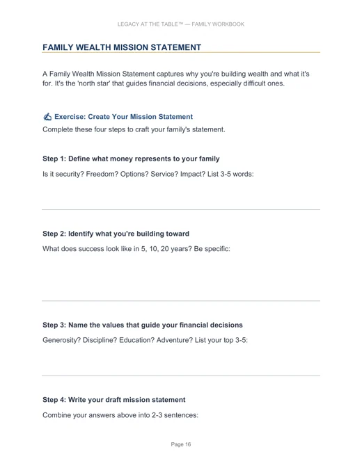 Your family wealth mission. An actual worksheet page for putting shared values into words.