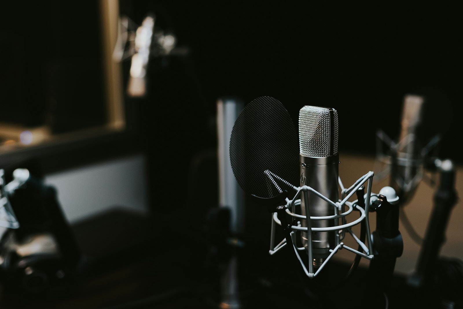 Macro close-up of a silver and black studio condenser microphone
