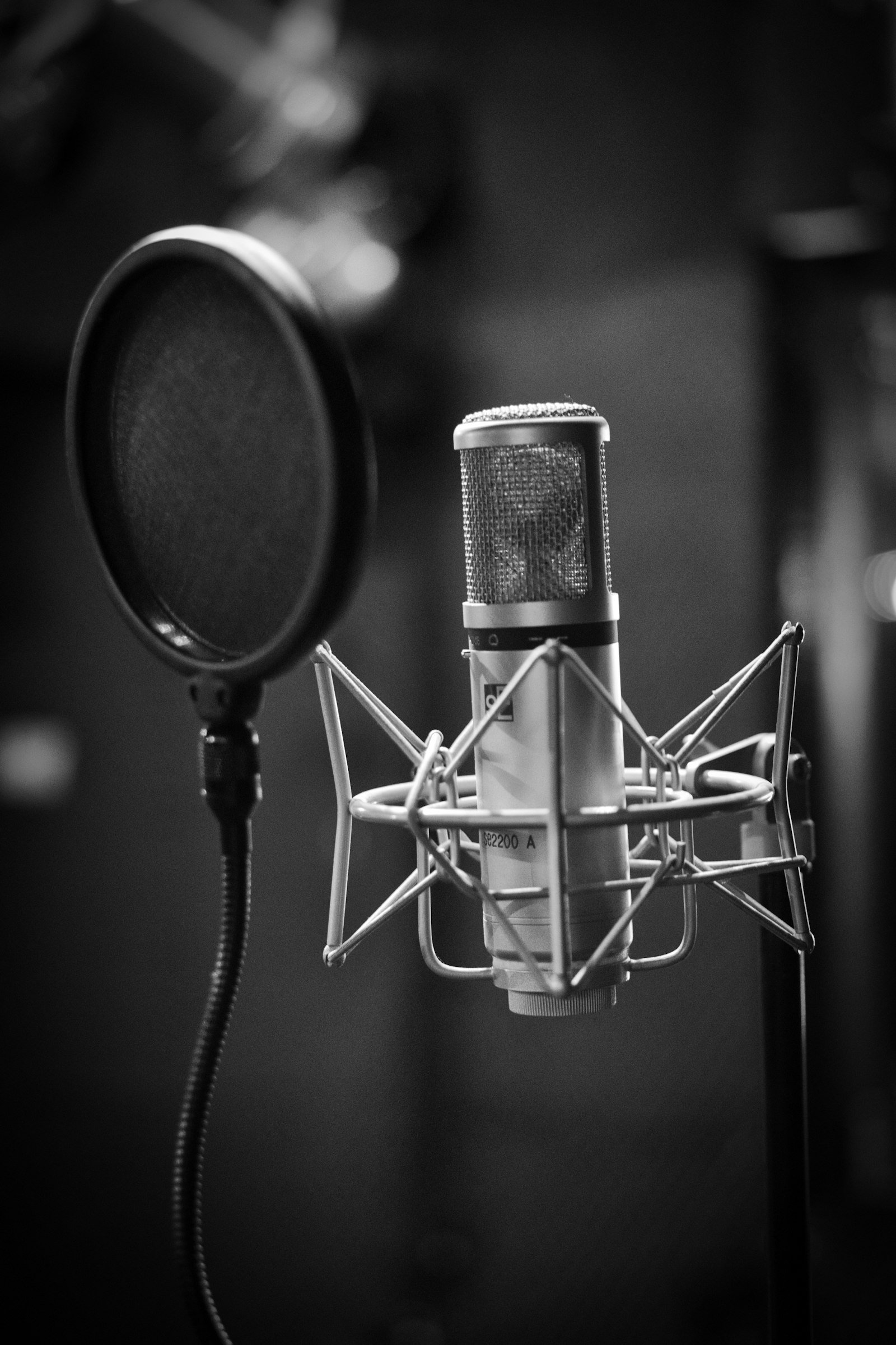 Grayscale image of a condenser microphone next to a pop filter