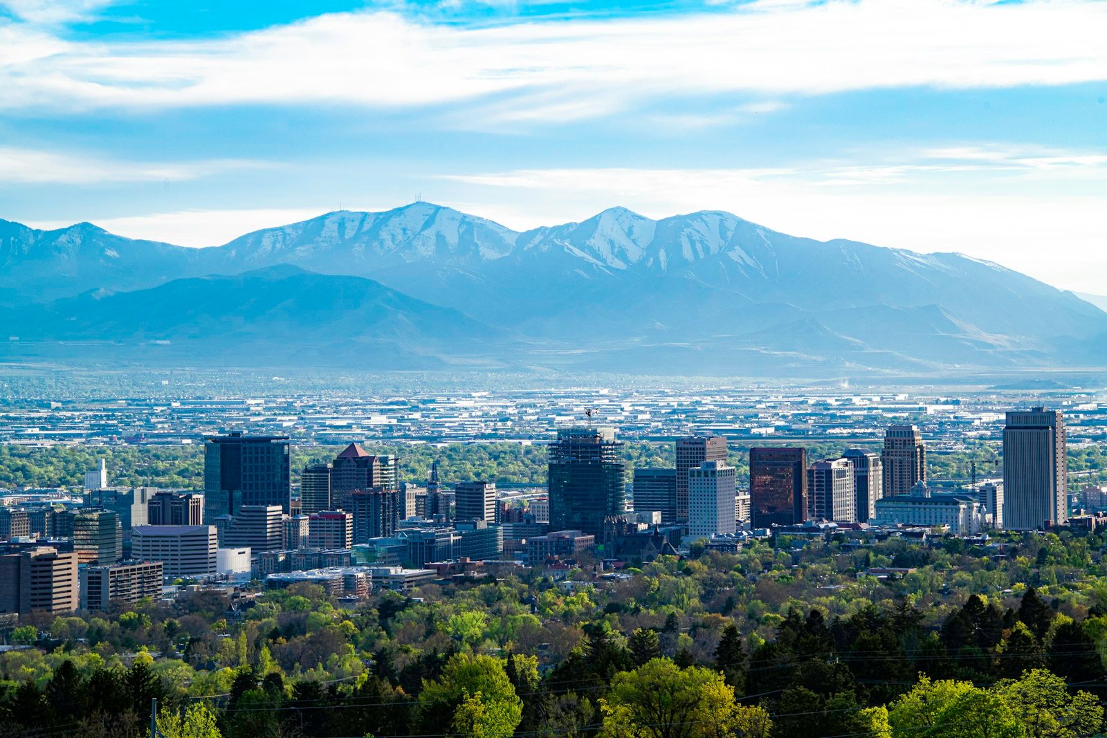 Salt Lake City skyline with the Wasatch mountains layered in the background