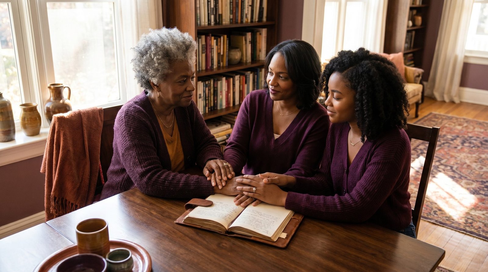 A young Black family of three in soft natural light, parents holding their child