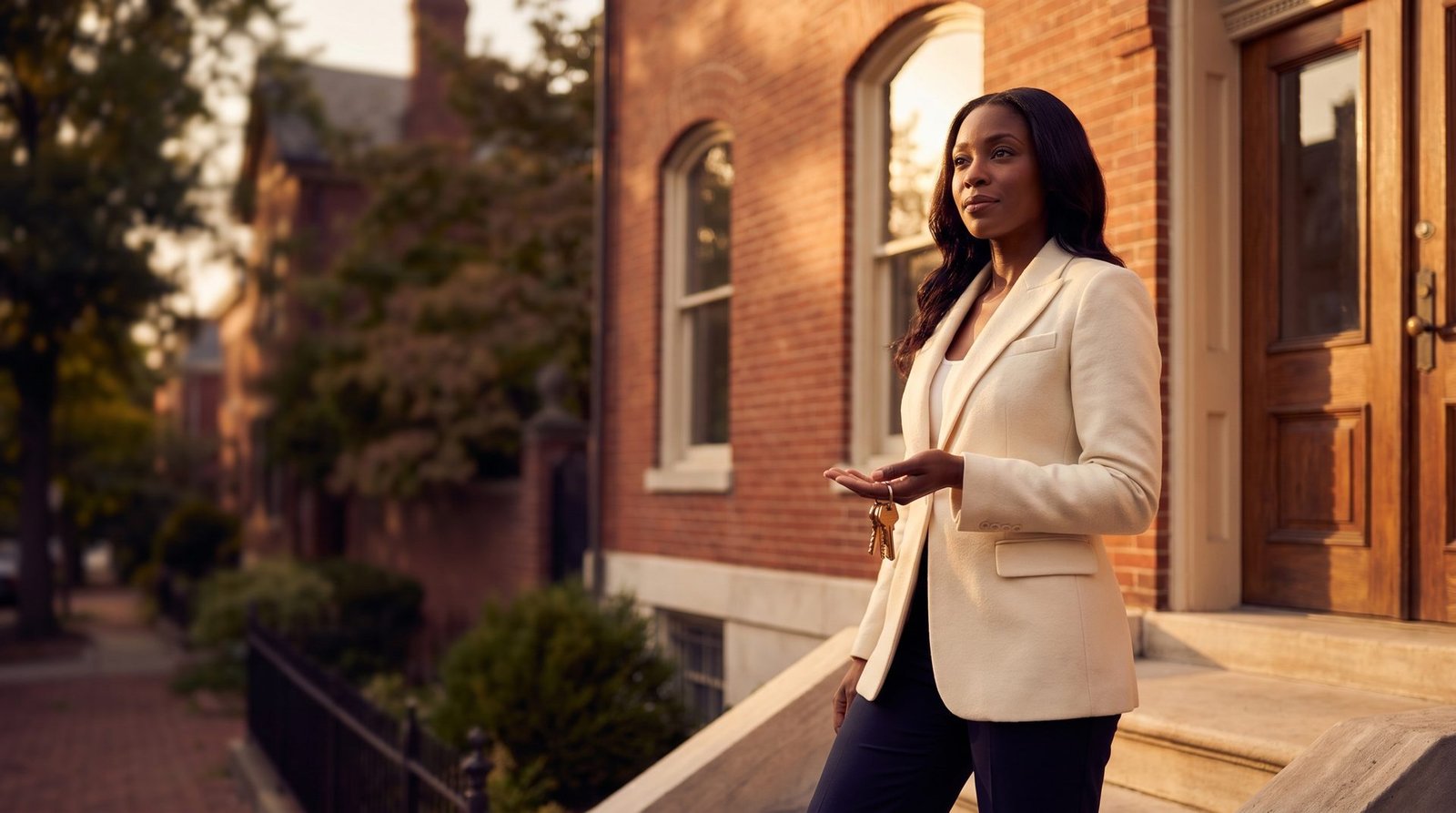 Professional woman in a suit holding a set of keys and a clipboard