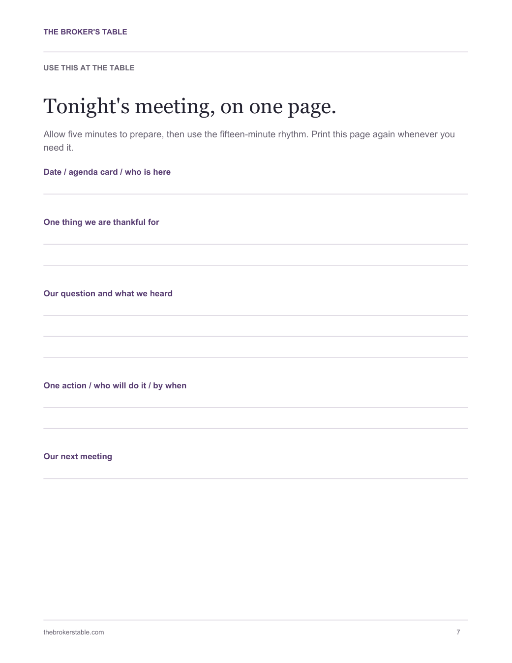 The Sunday Kit's reusable first-meeting page, with spaces for a question, decision and next action